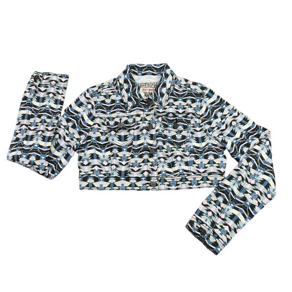 Hot Kiss Crop Top Denim Jacket 80s Retro Pastel Geometric Button Up Womens L - Picture 1 of 12